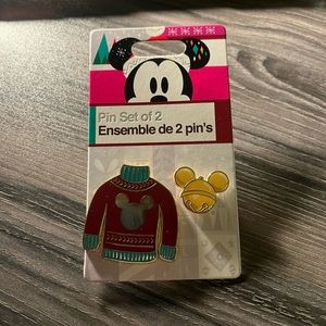 Disney Store 2018 Christmas Sweater and Mickey Mouse Ornament Holiday Pin Set